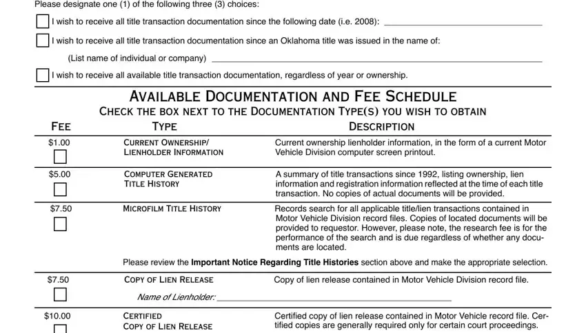 Available Documentation and Fee, Microfilm Title History, and Records search for all applicable inside requestor
