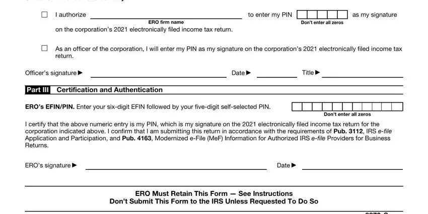 Officers PIN check one box only, to enter my PIN, and Date inside irs form 8879