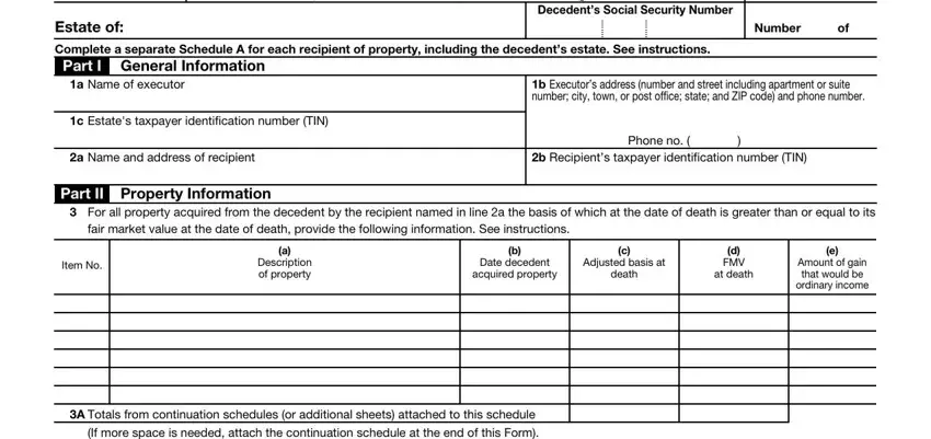 Decedents Social Security Number, Complete a separate Schedule A for, and a Name of executor in Form 8939