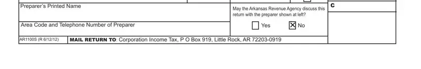 Preparers Printed Name, MAIL RETURN TO Corporation Income, and ARS R of Form Ar1100S