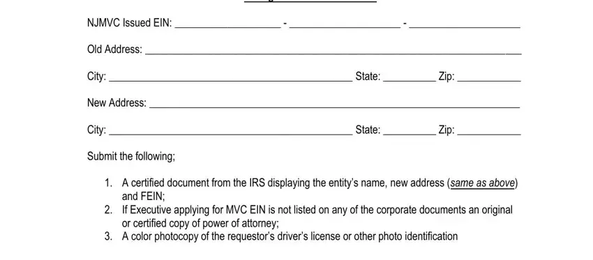 Section B, City  State  Zip, and Change of Business Address inside corpcode
