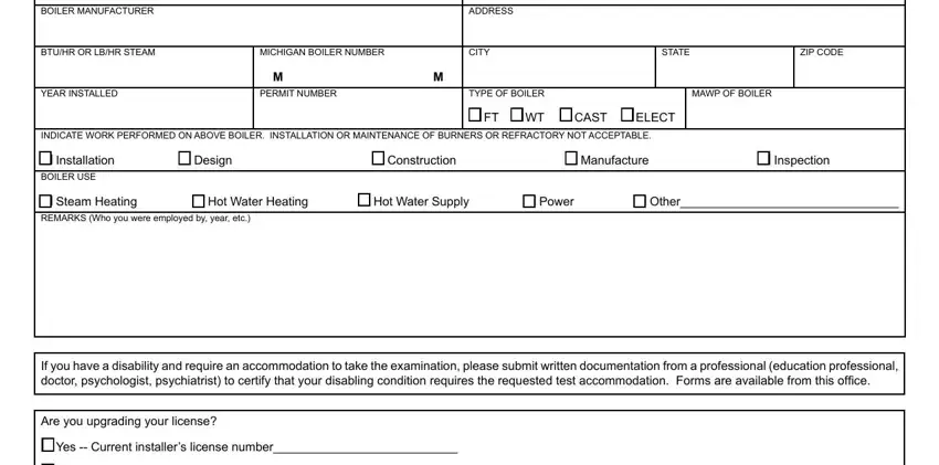 MICHIGAN BOILER NUMBER, TYPE OF BOILER, and ADDRESS inside csd 1 boiler inspection form