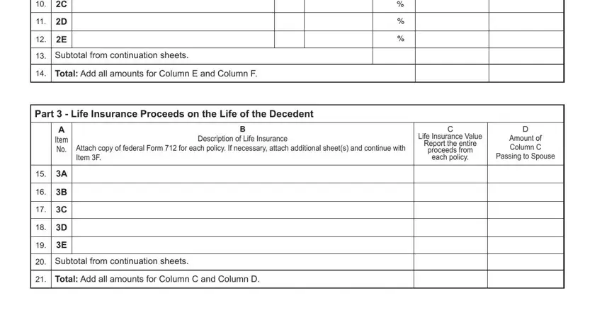 Item, proceeds from, and Amount of Column C of Form Ct 706 Nt