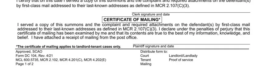 Clerk signature and date, CERTIFICATE OF MAILING, and I served a copy of this summons inside michigan court form dc 104 instructions