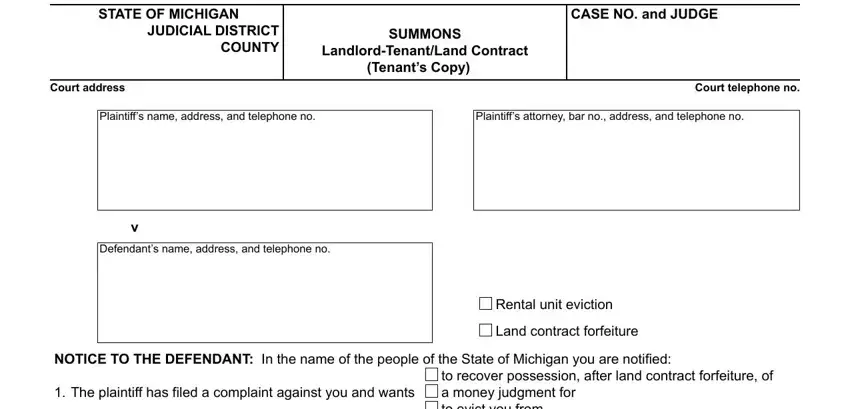 SUMMONS, STATE OF MICHIGAN, and CASE NO and JUDGE inside michigan court form dc 104 instructions