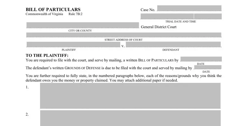 Filling out section 1 of bill of particulars