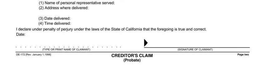 Page two, SIGNATURE OF CLAIMANT, and TYPE OR PRINT NAME OF CLAIMANT inside Form De 172