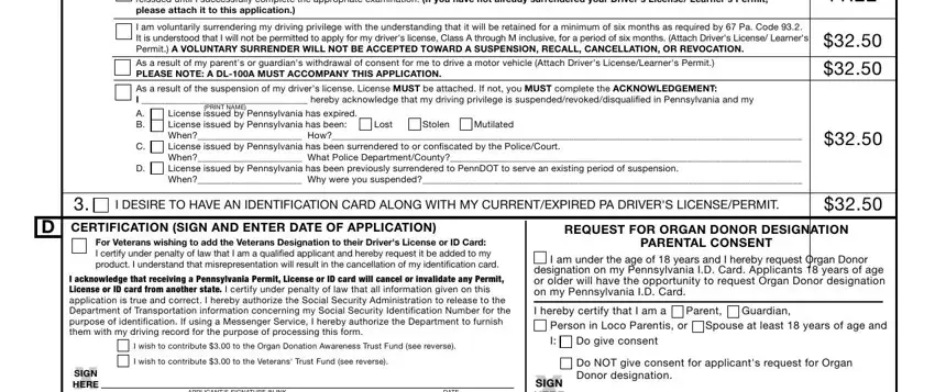 REQUEST FOR ORGAN DONOR DESIGNATION, I wish to contribute  to the Organ, and For Veterans wishing to add the in pennsylvania identification card get