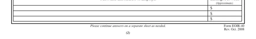 Full Name and Address of Employer, Form EOIR Rev Oct, and Earnings Per Week in deportable