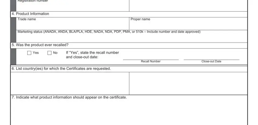 Indicate what product information, Product Information, and Proper name inside form fda 3613