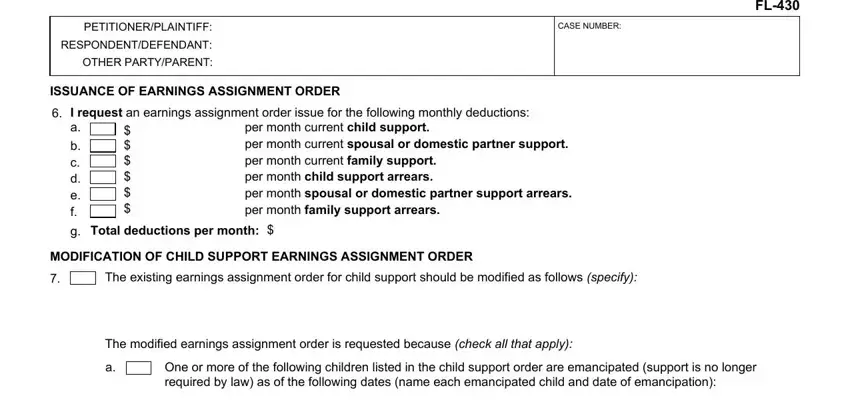 OTHER PARTYPARENT, b c d e f, and I request an earnings assignment inside fl 430 california