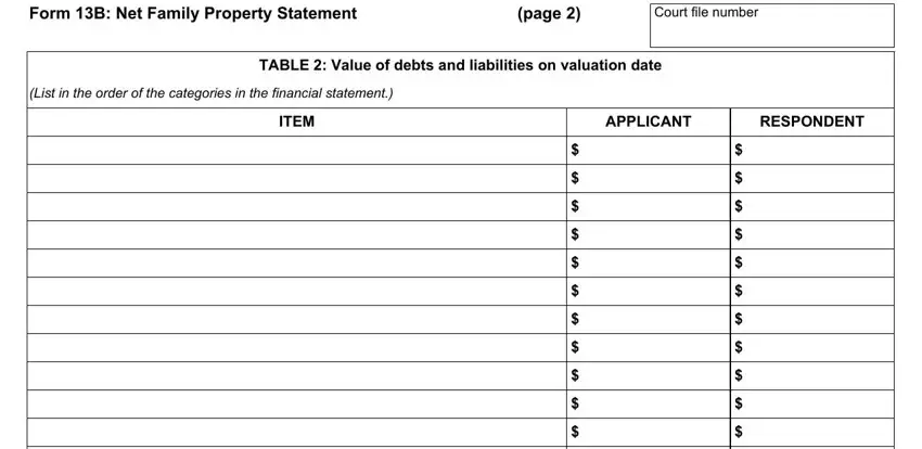 RESPONDENT, TABLE  Value of debts and, and Form B Net Family Property in com divorcemate