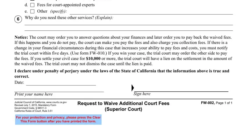 Fees for a peace officer to, FW Page  of, and Print your name here inside waive request here