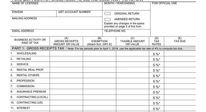 Stage # 1 of completing the form grt