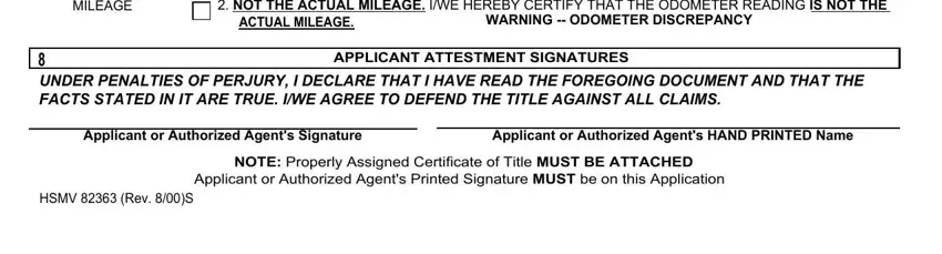 WARNING  ODOMETER DISCREPANCY, Applicant or Authorized Agents, and HSMV  Rev S in florida certificate of destruction