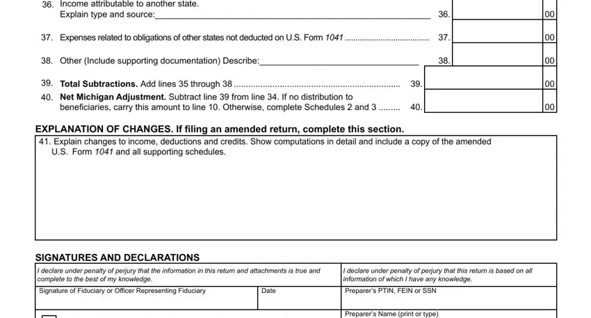 EXPLANATION OF CHANGES If filing, I declare under penalty of perjury, and Explain type and source of 2020 mi 1041