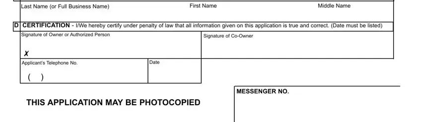 Last Name or Full Business Name, Date, and cid Applicants Telephone No of with