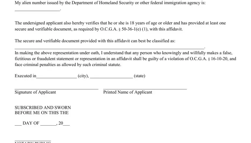 The undersigned applicant also, My alien number issued by the, and Printed Name of Applicant in ga mv 6c
