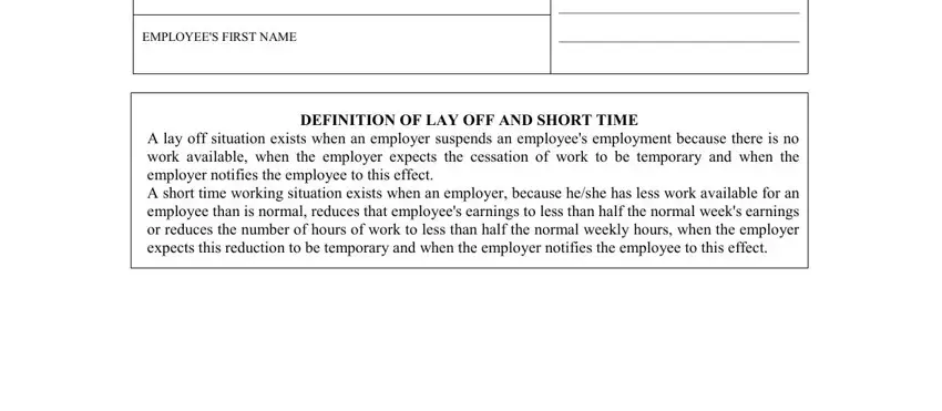 Day Month Year ADDRESS OF PLACE OF, DEFINITION OF LAY OFF AND SHORT, and EMPLOYEES SURNAME EMPLOYEES FIRST inside RP9