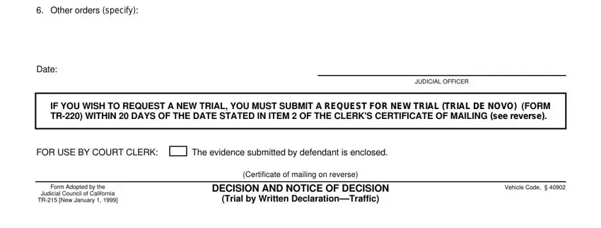 The evidence submitted by, Date, and Certificate of mailing on reverse in tr215 form