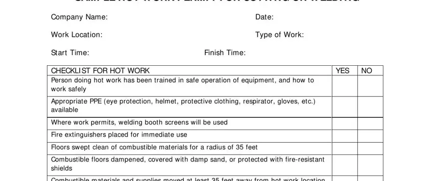 A way to fill in hot work permit template portion 1