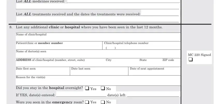 Clinichospital telephone number, City, and List ALL treatments received and inside mc 382 spanish