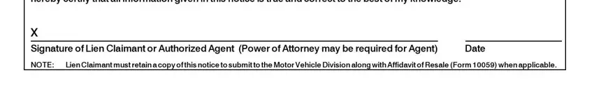 Date, X Signature of Lien Claimant or, and Lien Claimant must retain a copy inside mvd10058