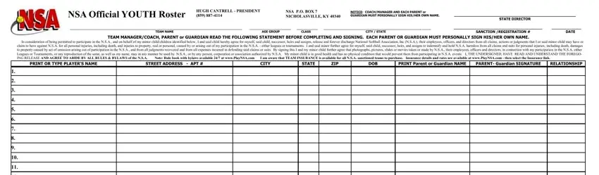 Step no. 1 of filling out youth roster form template