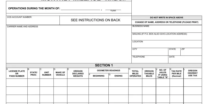 Oregon Monthly Mileage Tax Form completion process shown (step 1)