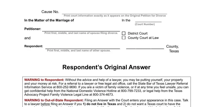 Part no. 1 for filling out Respondent's Original Answer Form