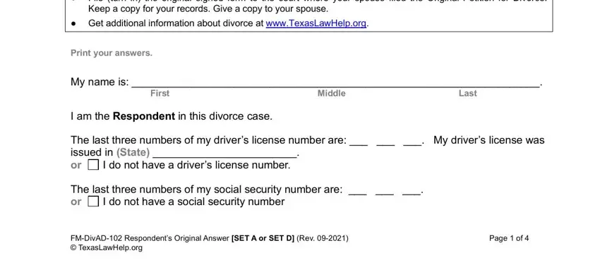 FMDivAD Respondents Original, My name is, and The last three numbers of my inside Respondent's Original Answer Form