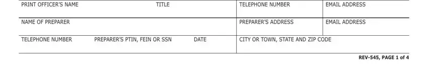 PRINT OFFICERS NAME, PREPARERS PTIN FEIN OR SSN, and TELEPHONE NUMBER in Rev 545 Form