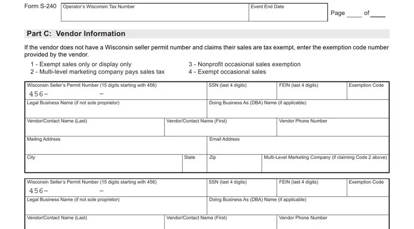 Exemption Code, Event End Date, and VendorContact Name Last inside S 240 Form