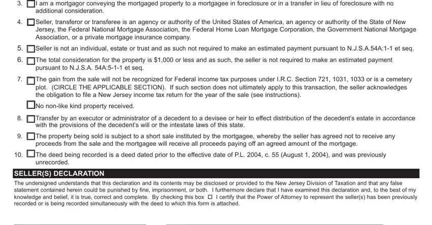 I am a mortgagor conveying the, Seller is not an individual, and The property being sold is inside nj residency certification
