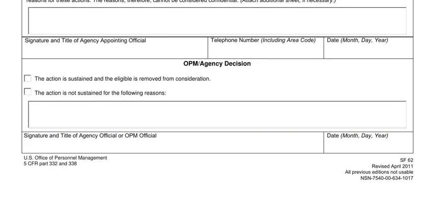 The action is not sustained for, Date Month Day Year, and Signature and Title of Agency in sf 62