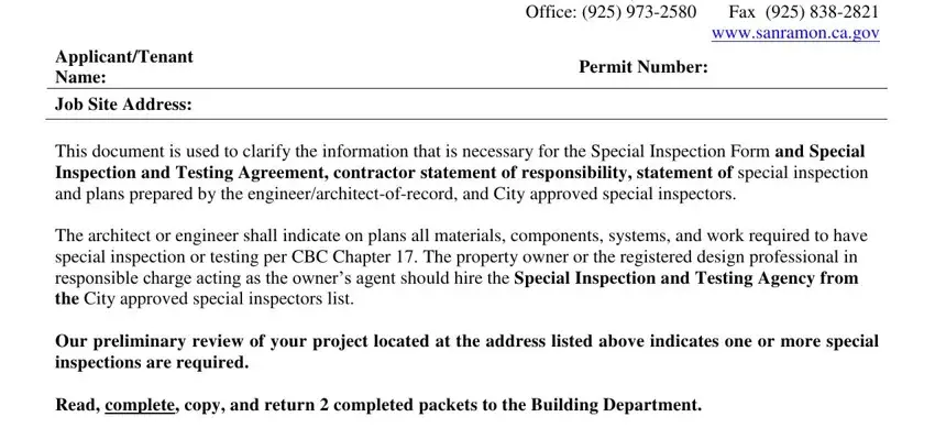 Filling in part 1 of special inspections form