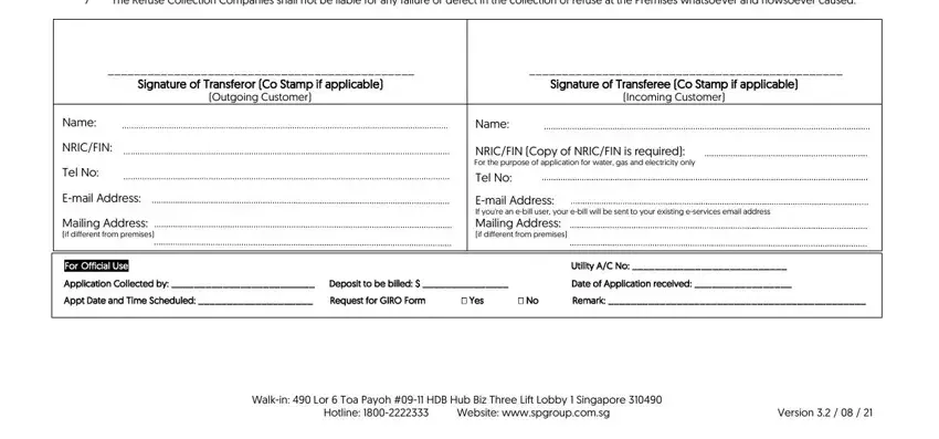 No Remark, Appt Date and Time Scheduled, and For Official Use of Sp Services Transfer Form