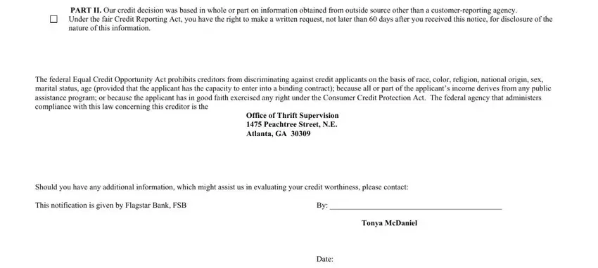 PART II Our credit decision was, Under the fair Credit Reporting, and Tonya McDaniel in credit denials
