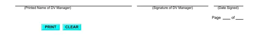 PRINT, Printed Name of DV Manager, and Date Signed in 3-percent