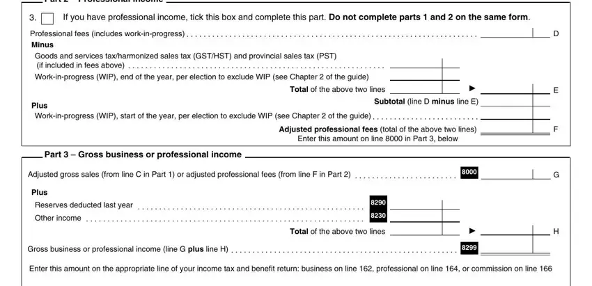 Subtotal line D minus line E, Professional fees includes, and Plus Workinprogress WIP start of in t2125e