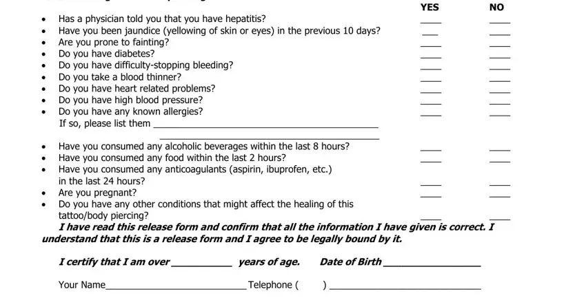 Stage number 2 in completing consent form for getting tattoo