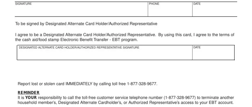SIGNATURE, DESIGNATED ALTERNATE CARD, and REMINDER It is YOUR responsibility inside CARDHOLDER