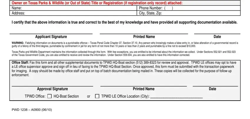 WARNING Falsifying information on, I certify that the above, and HQBoat Section or in TX