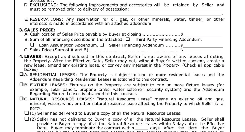A RESIDENTIAL LEASES The Property, SALES PRICE, and D EXCLUSIONS The following in residential contract tx