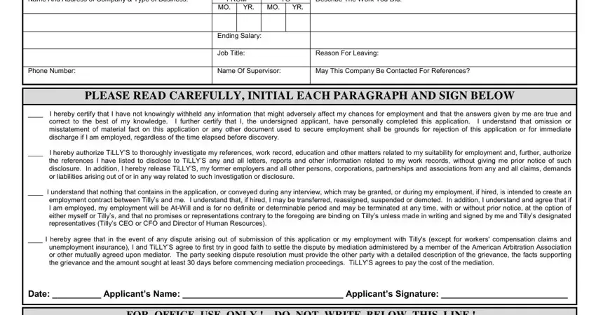 Job Title, Name And Address of Company  Type, and Name Of Supervisor in apply for tillys