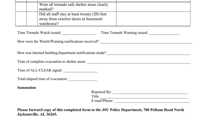 Were all tornado safe shelter, Time Tornado Watch issued  Time, and Reported By  Title  EmailPhone of tornado drill evaluation form