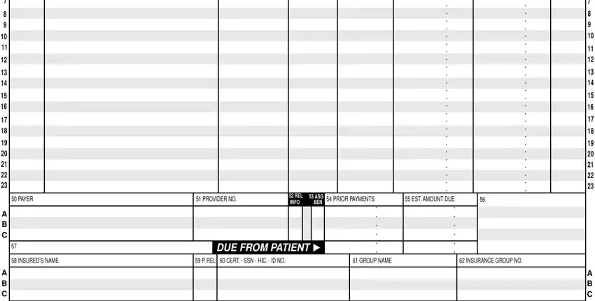 PAYER  PROVIDER NO  PRIOR, INSUREDS NAME  P REL  CERT  SSN, and DUE FROM PATIENT in what is a ub92 form