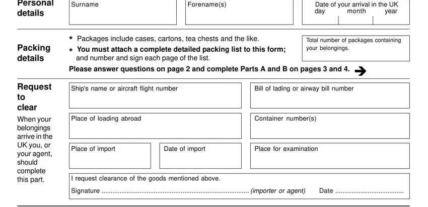 personal belongings customs form completion process described (step 1)