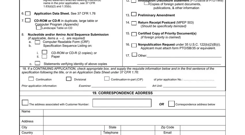 If a CONTINUING APPLICATION check, Specification Sequence Listing on, and c Statements verifying identity of inside utility patent application form