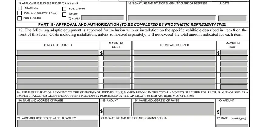 APPLICANT IS ELIGIBLE UNDER Check, ITEMS AUTHORIZED, and INELIGIBLE of 10 1394 va form
